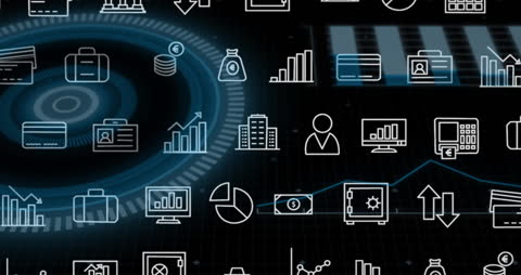 Animated Grid of Business Icons on Data Background