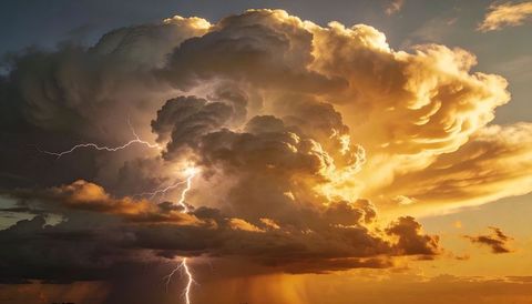 Towering cumulonimbus unleashing forked lightning at golden sunset over open plains