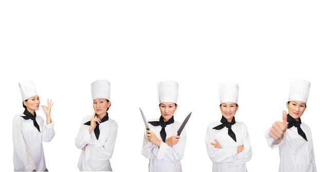 This image is perfect for use in culinary blogs, restaurant advertising, cooking tutorials, and kitchen-related promotional materials. It portrays a professional female chef demonstrating various expressions and poses, suitable for themes related to hospitality, cooking skills, and culinary education.