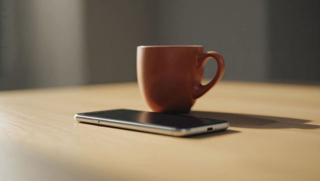 Minimal morning scene showing brown ceramic coffee cup and smartphone on light wood table