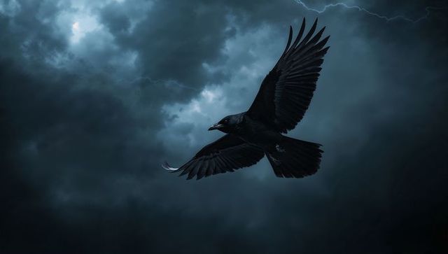 Soaring Black Crow Against Dramatic Stormy Skies