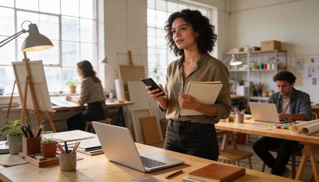 Creative studio professional holding smartphone and notepad reviewing project in sunlit coworking wo