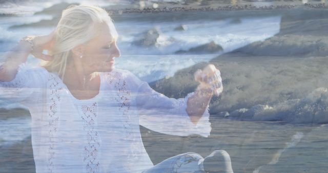 Double exposure of blonde woman in white top relaxing at beach overlapped with ocean waves. Perfect for concepts of serenity, mindfulness, relaxation, or natural beauty. Ideal for wellness articles, environmental campaigns, or travel brochures.