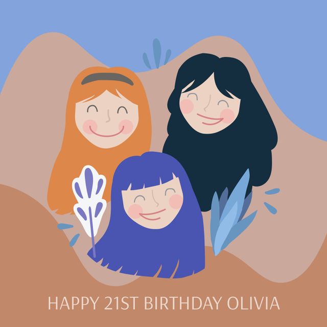 This joyful illustration shows three smiling friends celebrating a 21st birthday. Perfect for birthday cards, invitations, and social media posts. The vibrant colors and cheerful expressions convey a festive, happy atmosphere, making it ideal for personalized birthday messages.