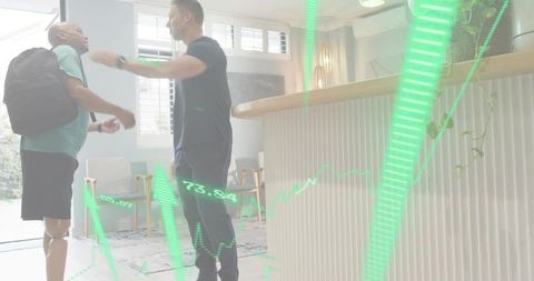 Clinician greeting patient with prosthetic leg in accessible clinic with teal graph overlay