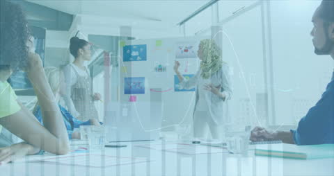 Diverse Team Meeting With Financial Data Animation Overlay