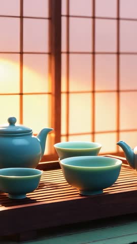 Sunlight Shifting Across Ceramic Tea Set in Minimalist Tea Room Vertical Video