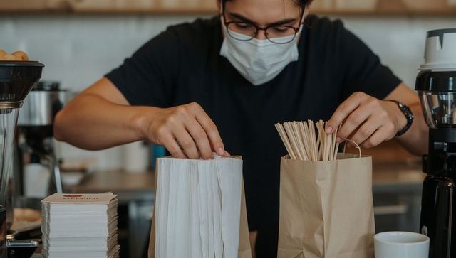 Masked barista packing takeout orders with napkins and wooden stirrers at cafe counter