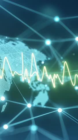 Vertical tech network animation showing digital globe, pulsing waveform and glowing nodes