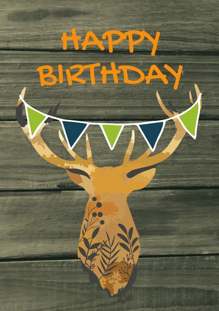 Ideal for sending birthday wishes to nature lovers, this rustic birthday card features an illustration of a deer adorned with colorful bunting on a wooden background. Great for online greetings, printable birthday cards, or to be used as part of a rustic-themed birthday decoration. Reflects a woodland aesthetic perfect for outdoor or native animals enthusiasts.