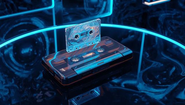 Retro cassette tapes and player in futuristic neon blue glow