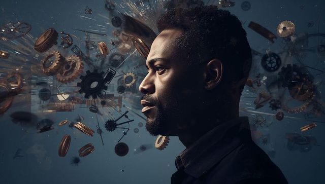 Black man contemplating with exploding gears and clock parts, inventive mechanical mind