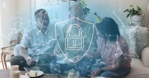 Family Celebration at Home with Digital Security Overlay Protecting Shared Moments Online