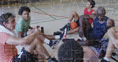 Team Building Concept with Athletes in Gym and Mathematical Diagrams