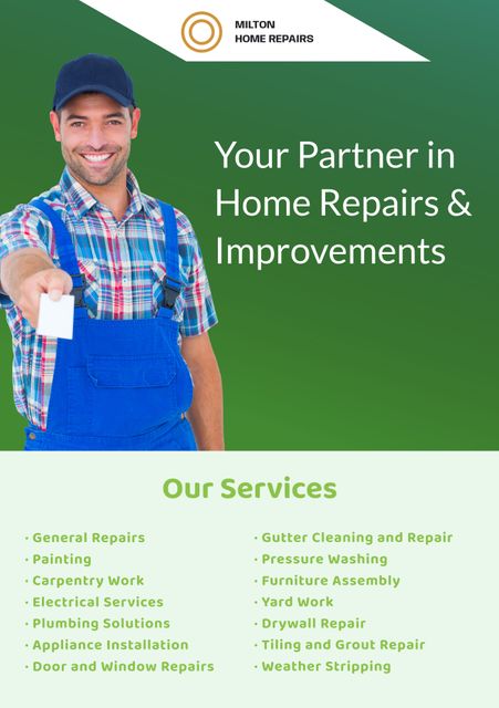 This stock photo depicts a smiling handyman dressed in a blue uniform promoting home repair services and improvements. Ideal for use in marketing materials for handyman services, flyers, brochures, and online advertisements aimed at showcasing different repair and maintenance solutions. The image can also be effective for social media promotions and website banners to attract potential clients looking for professional home repairs and improvements.