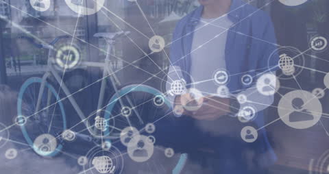 Man Using Smartphone with Digital Network Interface Overlay