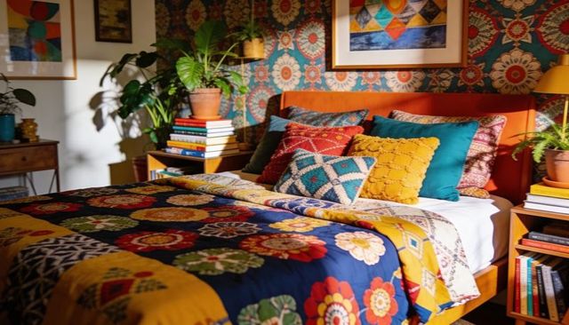Bohemian bedroom orange headboard showcasing colorful quilt, pillows, retro wallpaper