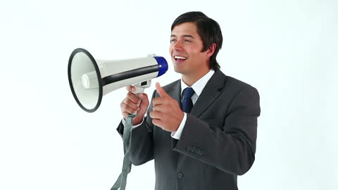 Confident Man Using Megaphone for Communication