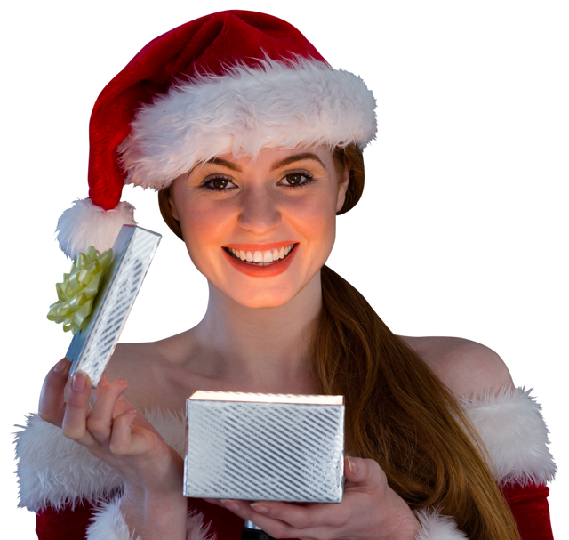 Smiling Woman Wearing Red Santa Hat Opening Christmas Gift With Transparent Background - Download Free Stock Videos Pikwizard.com