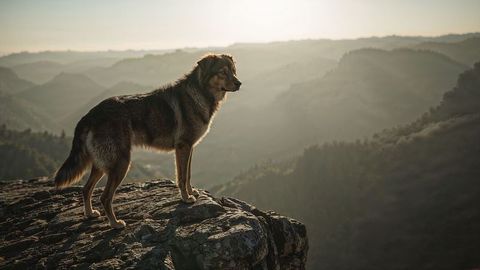 Majestic dog gazing across valley from rocky cliff
