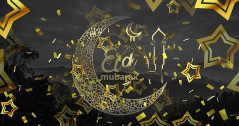Gold Eid Mubarak Design with Stars and Crescent Moon