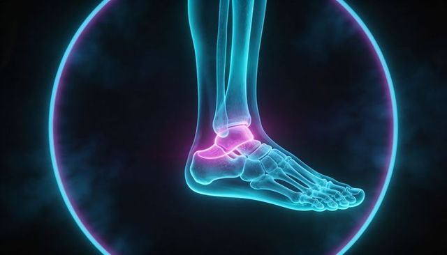 Highlighting ankle joint with neon x-ray style glowing foot skeleton for medical learning