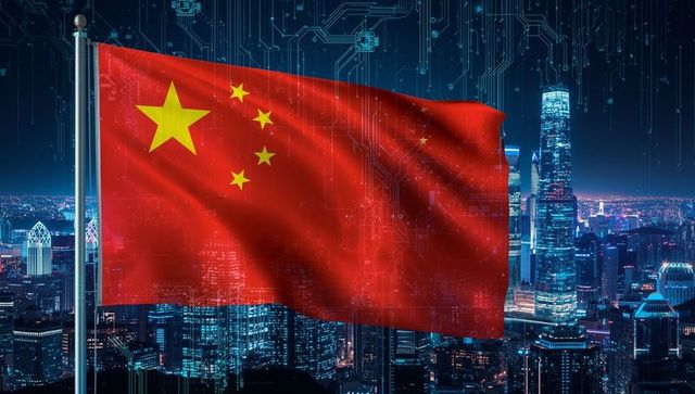 Chinese flag against night skyline with high-tech elements