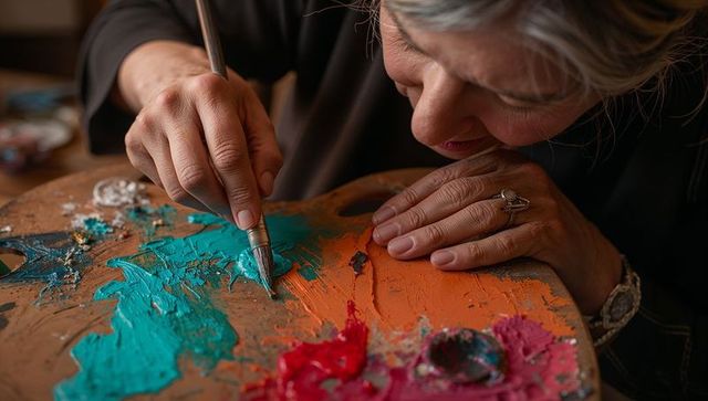 Senior artist scraping vibrant impasto paint on palette closeup hands wearing rings and bracelet