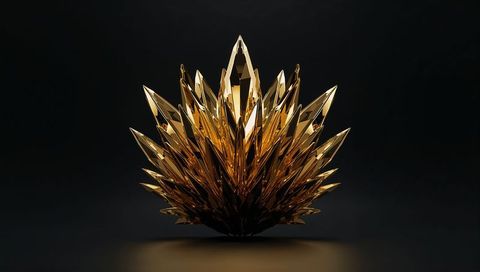 Golden faceted crystal crown sculpture on dark reflective surface with spotlight