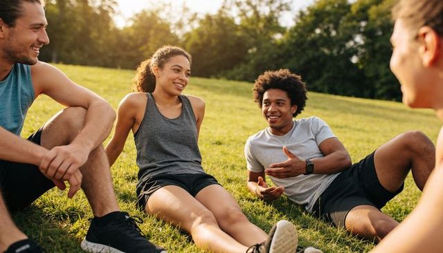 Sunlit friends chatting and relaxing on park hill after outdoor workout, golden hour vibe