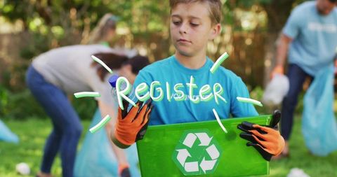 Youth volunteering park recycling drive collecting bottles, litter for community cleanup