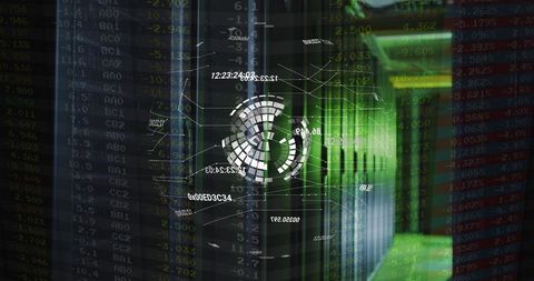 Digital globe overlay on servers representing global data network