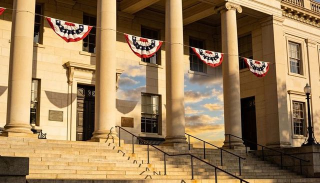 Golden hour portico with patriotic bunting, fluted columns and wide stone steps