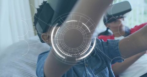 Children experiencing virtual reality with interactive hud and hand tracking at home