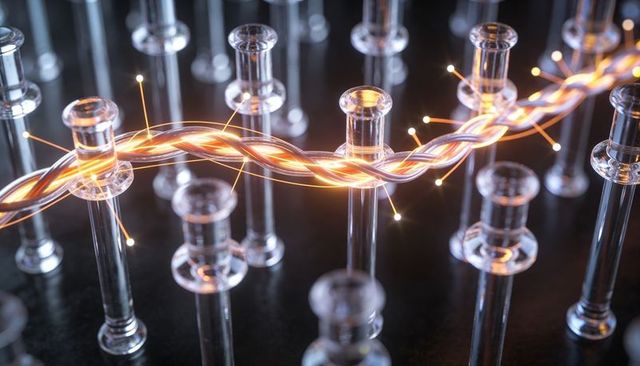 Glowing braided fiber optic cable running through glass pins, digital connectivity concept