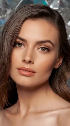 Tilting head close-up of strapless-top model with crystal backdrop showcasing cheekbones