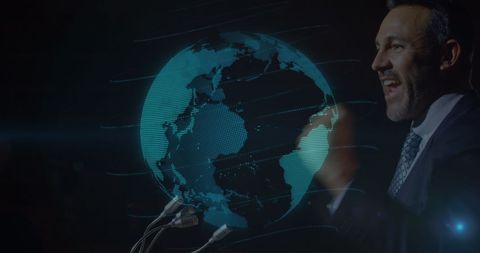 Caucasian Businessman Delivering Passionate Speech with Digital Globe Overlay