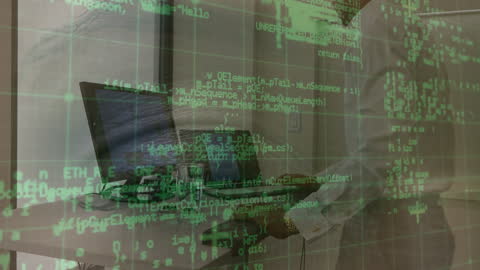 Businessman Multitasking on Treadmill with Coding Overlay