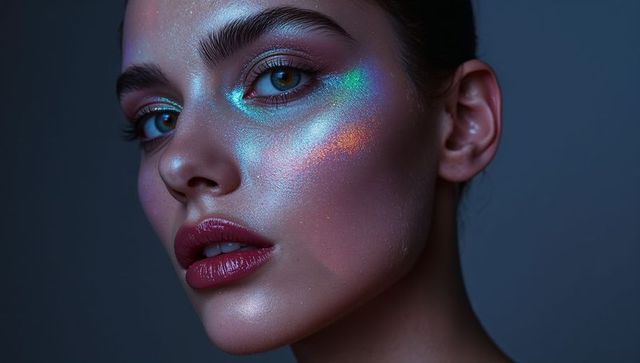 Close-up Beauty Portrait Woman Wearing Iridescent Highlighter with Teal Glow and Glossy Lipstick