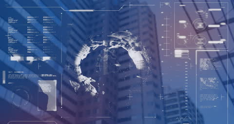 Futuristic Financial Data Overlay with Globe and Cityscape