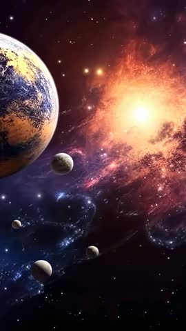 Vertical cosmic video showing pulsing nebula and orbiting planets near bright star