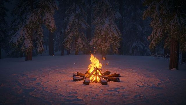 Burning campfire in snowy pine forest at night casting warm glow and falling embers