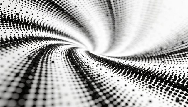 Monochrome halftone tunnel spiral creating optical illusion of depth, swirling dot waves