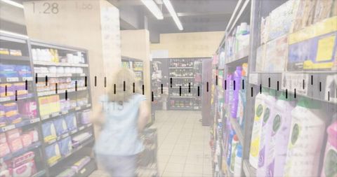 Woman pushing shopping cart down narrow supermarket aisle with motion blur overlay