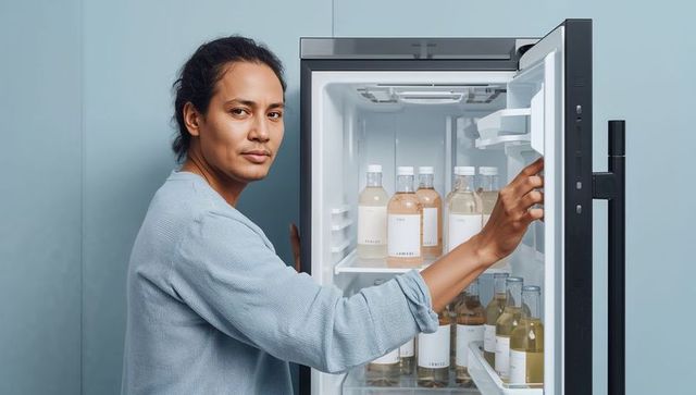 Woman organizing labeled beverage bottles in modern refrigerator for minimalist lifestyle