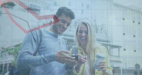 Young Couple Engaging with Smartphone Digital Data Overlay