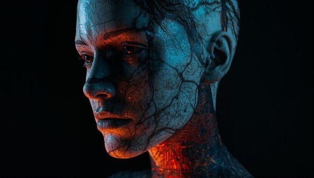 Cybernetic Bust with Lit Circuit Veins and Cracked Skin