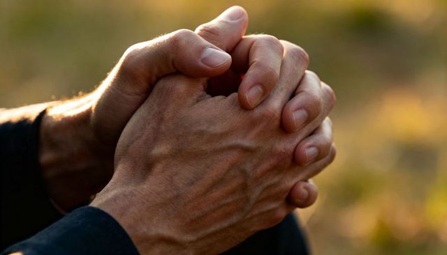 Clasped adult hands showing veins and texture in warm golden-hour sunlight closeup