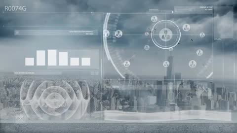 Futuristic HUD Overlay on Urban Skyline with Data and Graphics