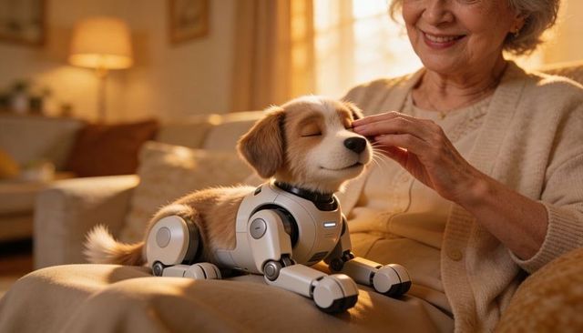 Smiling senior woman stroking robotic dog on sofa, warm sunlight and cozy companionship